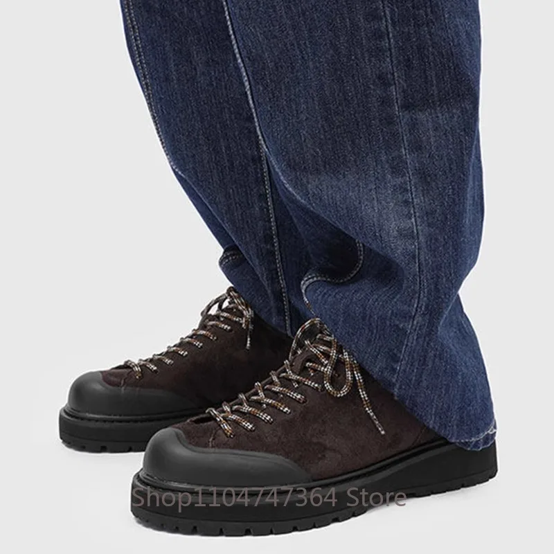 Retro Design Fashion Lace Up Casual Work Derby Shoes Men's Outdoor Hiking Thick Sole Sport Shoes Male Sneakers Cowhide