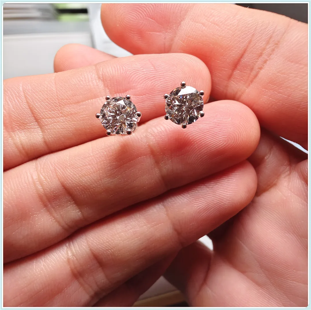18K Gold Solid Gold Lab-Grown Diamond Round 6-Prong Earrings Platinum White Gold 1CT High-End Custom Jewelry Wholesale