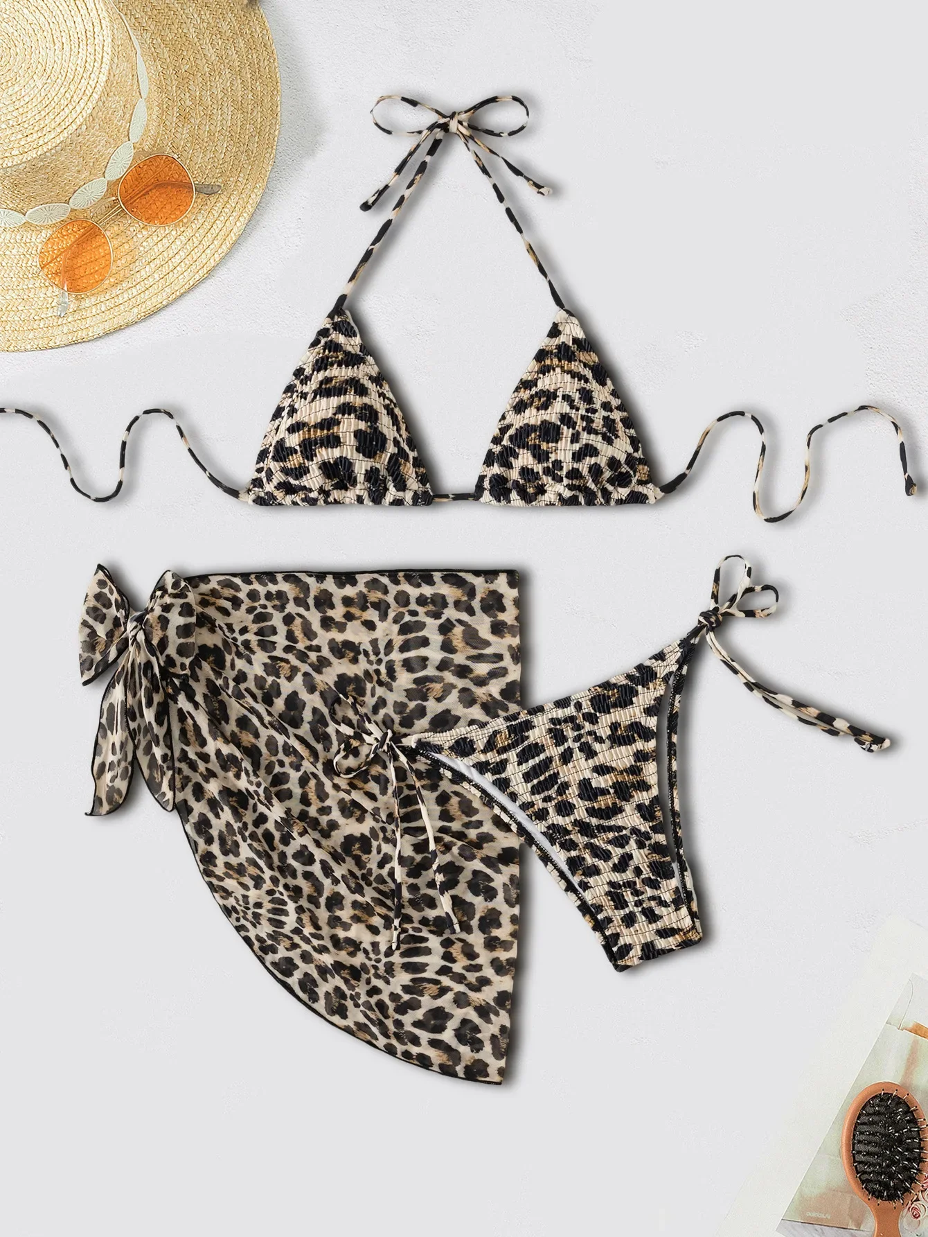 

2025 New Leopard Print 3 Piece Swimsuit for Women Sexy Mesh Skirt Lace-up Triangle Halter Backless Swimwear Beach Bathing Suit