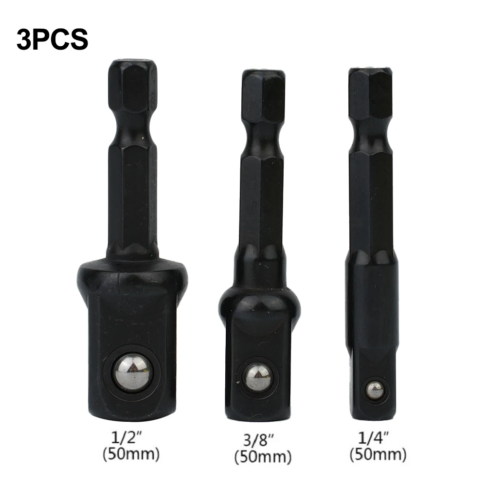 3pc Socket Adapter Set Hex Shank Extension with 1 4 3 8 and 1 2 Inch Sockets Rust Resistant Chrome Vanadium Steel