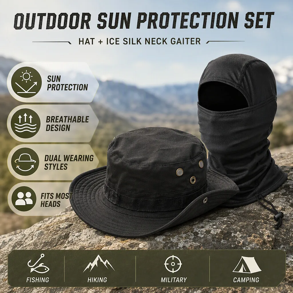 2Pcs/Set Wide-brimmed Hat Balaclava Mixed Set Men Sunscreen Boonie Cap Outdoors Hiking Camping Fishing Hat Sun Hat Fisherman Hat