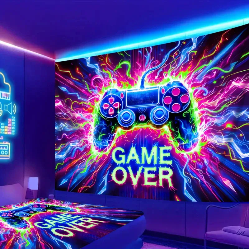 VIKAMA Neon Gaming Controller Wandteppich – Cyberpunk-Gamer-Design für ausgefallene Schlafzimmer-Wanddekoration und Fotohintergründe
