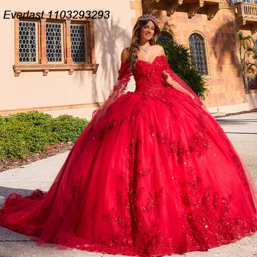 EVLAST Customized Purple Quinceanera Dress Ball Gown 3D Floral Applique Beading Cape Mexico Sweet 16 Vestido 15 De Años TQD210