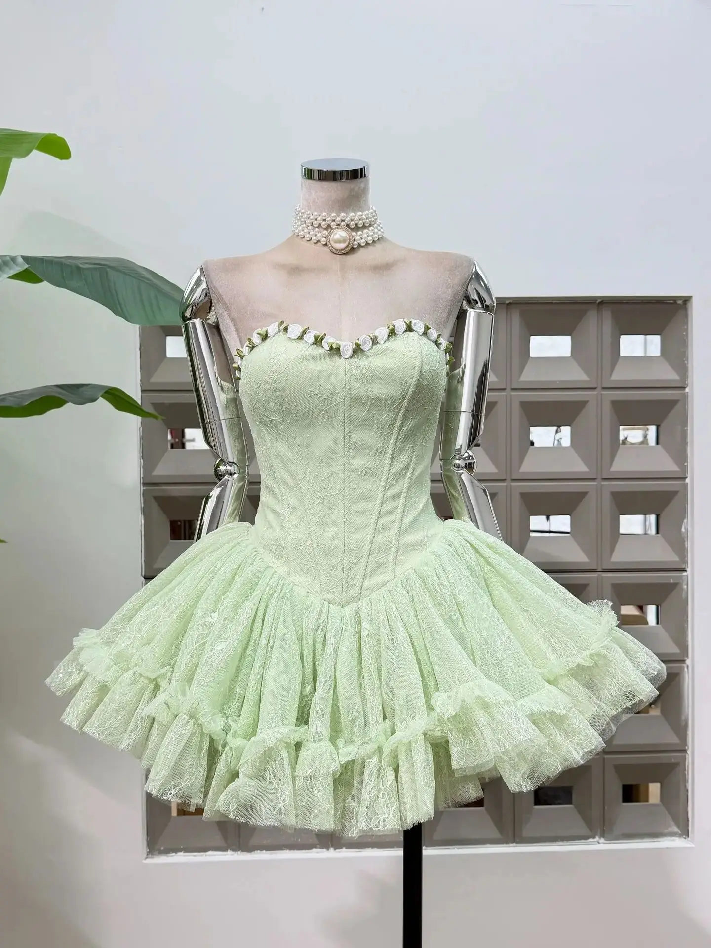 New Solid Flower Mesh Patchwork A Line Elegant Mini Dress Women Celebrity Party Birthday Clothes Wedding Celebrate Dresses