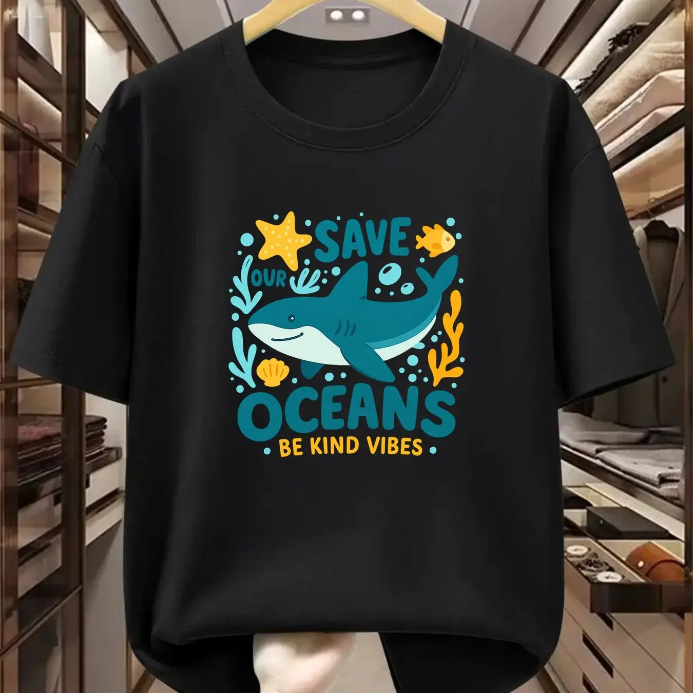 Summer Men's 100_ Pure Cotton Casual Loose Fit Plus Size Save Oceans Printed Comfortable Round Neck Short Sleeved T-shirt Top