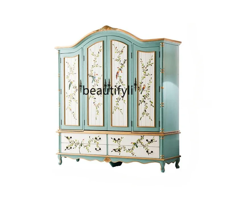 American and European Style Painted Solid Wood Mediterranean Bedroom Wardrobe Two Doors Three Doors Four-Door Wardrobe