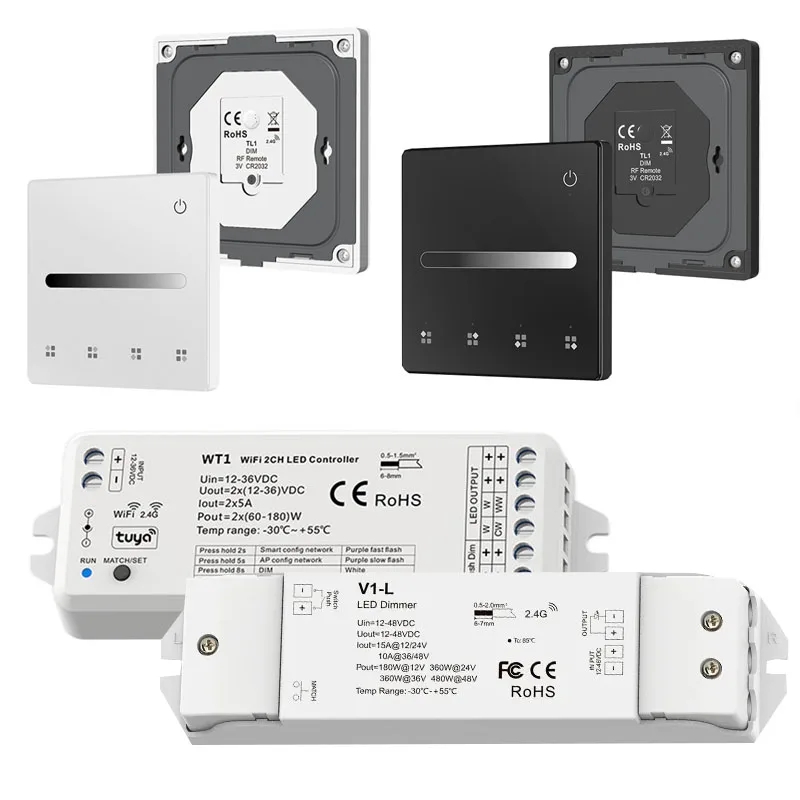 WT1 (TUYA+Wifi)  2 Channel Receiver 12V 24V CCT LED Strip Dimmer 2.4G RF Single color WW CW Remote Controller