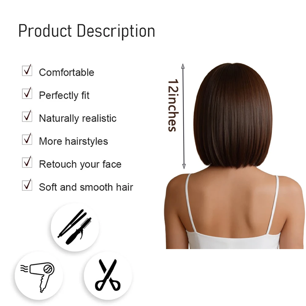 Medium Brown Bob Wig 12 Inch Side Part Straight Heat Resistant Synthetic Natural Hairline Adjustable Cap Daily Wear Fits All