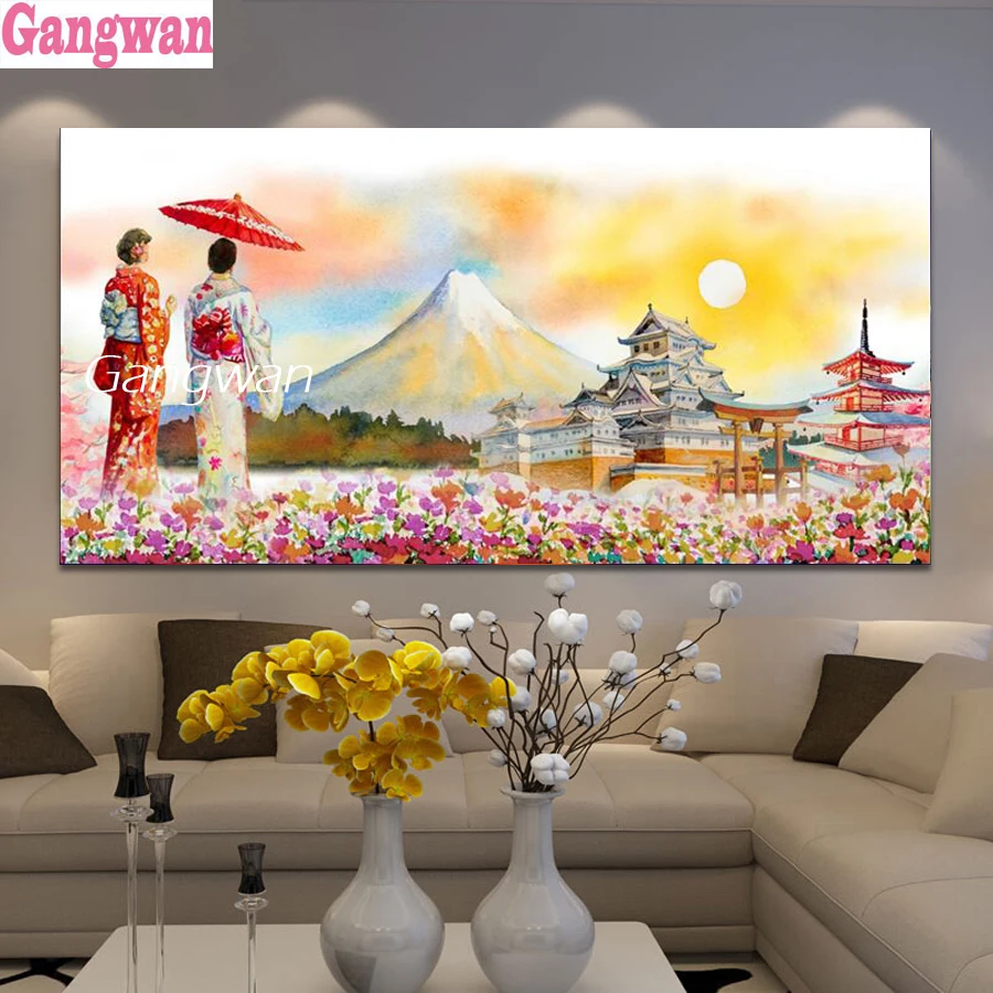 Large Diy Diamond Painting Japanese Style Sakura Temple Full square round drill 5d Diamond Embroidery mosaic Mount Fuji art