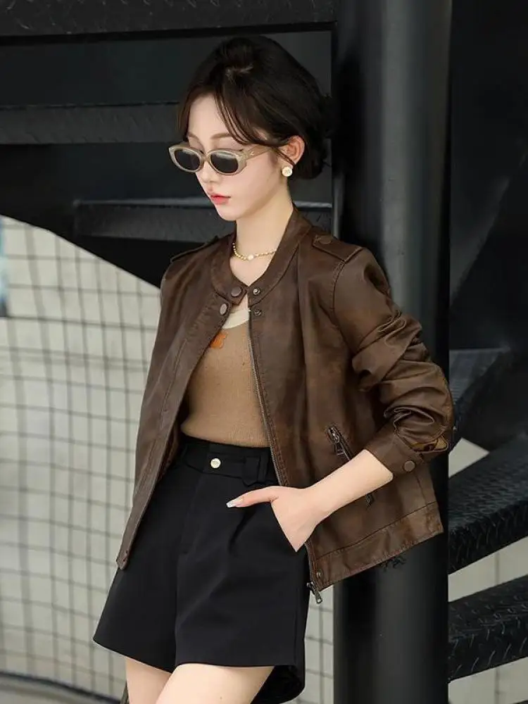 

Vintage Black Pu Leather Versatile Holiday Slim Jacket Women Spring Autumn Brown Round Neck Zipper Short Coat Streetwear Popular