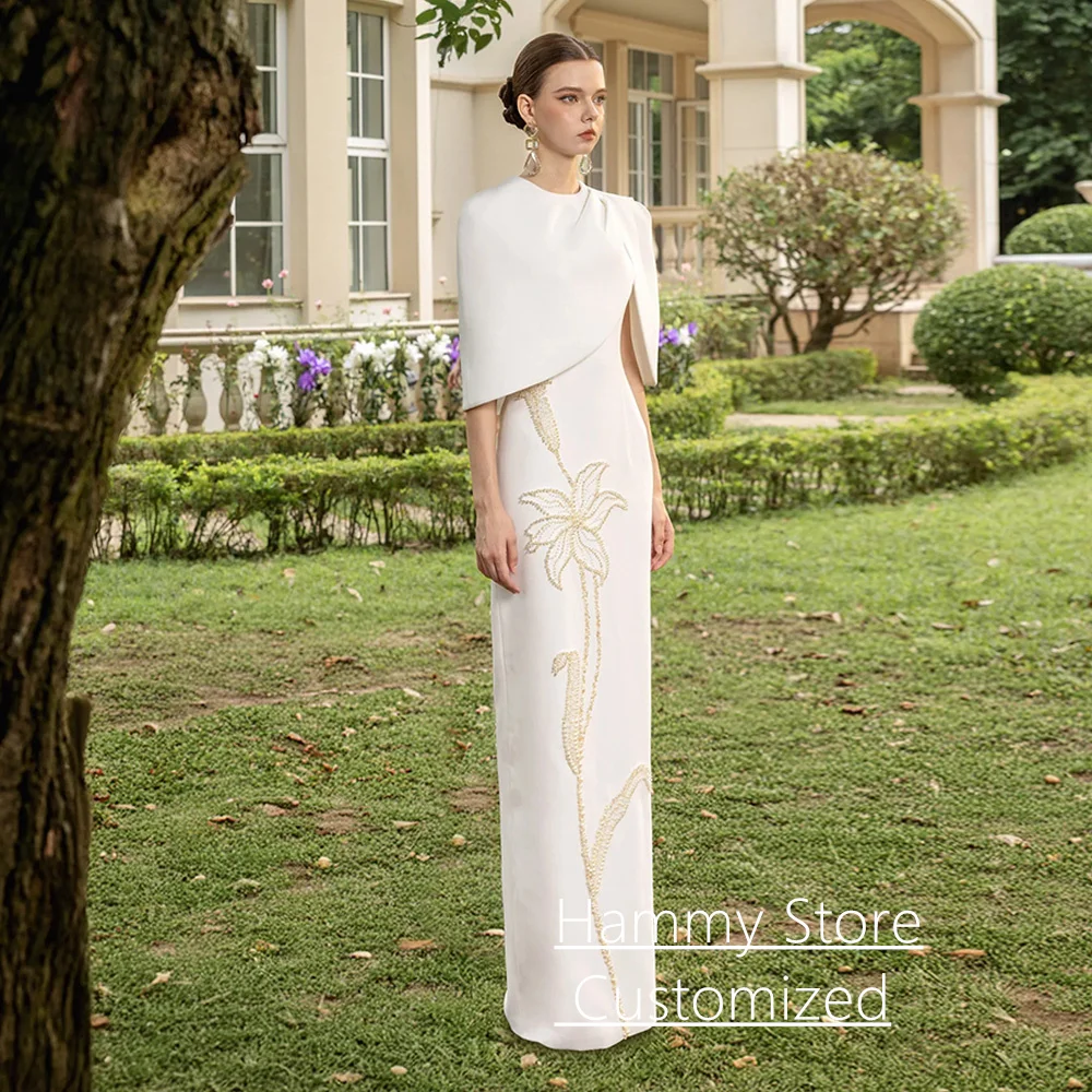 Elegant Ivory Evening Dress Customized Round Neck with Cape Pearls Beading Sequined Arabian Party Gown Saud Prom Dresses image 3