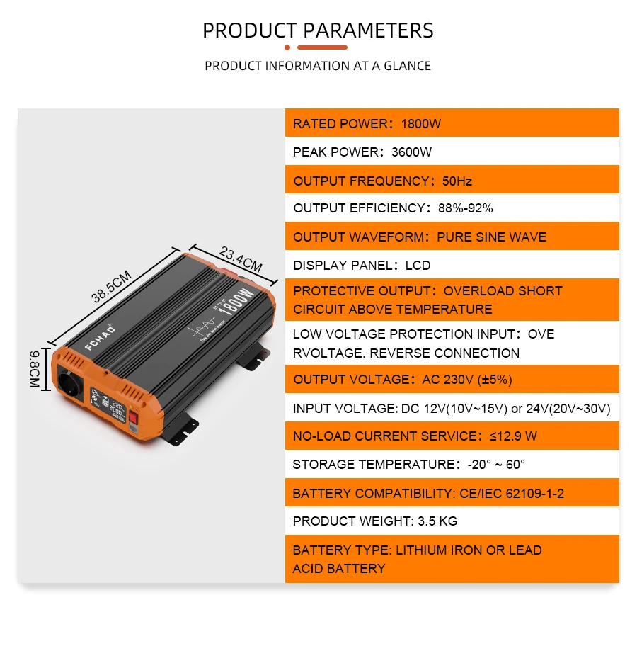 1800W pure sine wave power inverter solar power converter DC 12V 24v to AC 230v