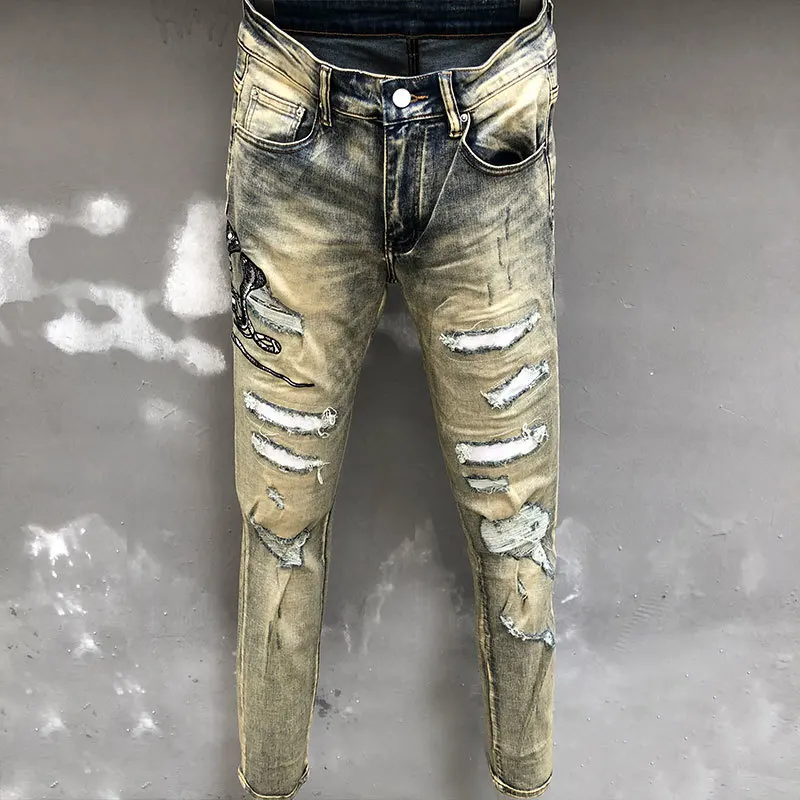 

2023 Motorcycle Pants Streetwear Ripped Jean Noir Homme Zipper Jean For Men Spring Animal Snake Embroidery Patchwork Jean Hombre