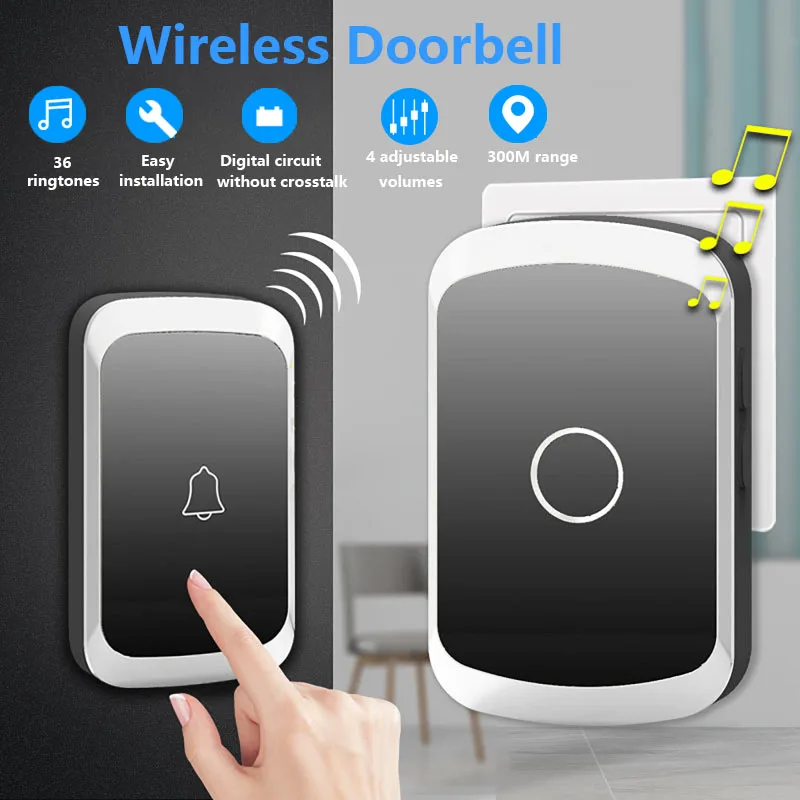 

Wireless Doorbell Welcome Smart Door Bell 300M Range 36 Songs Chime Ringtone 4 Level Volume Light Flash for Home Elderly Caller
