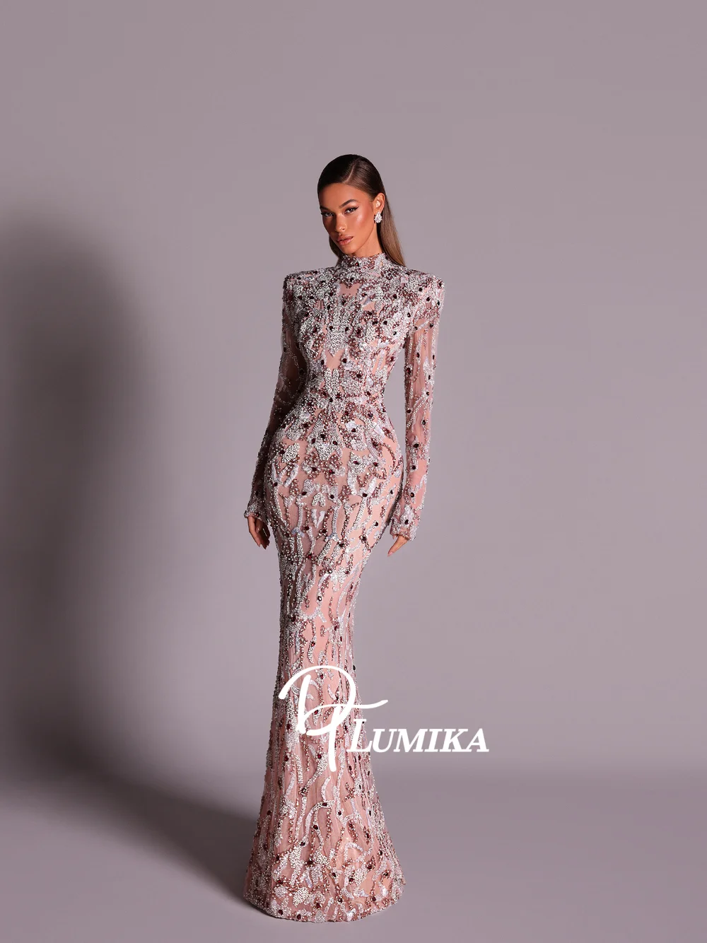 

Sexy Open Back Beaded Evening Gown Delicate High Neck Long Sleeved Mermaid Chic Cocktail Dress With Luxe Beadwork Customized