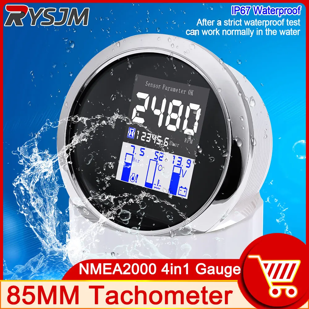 85MM Tachometer NMEA 2000 4 in 1 Multi-functional Digital Gauge Tacho Meter Water Temp Oil Pressure Bar With Alarm For Car Boat