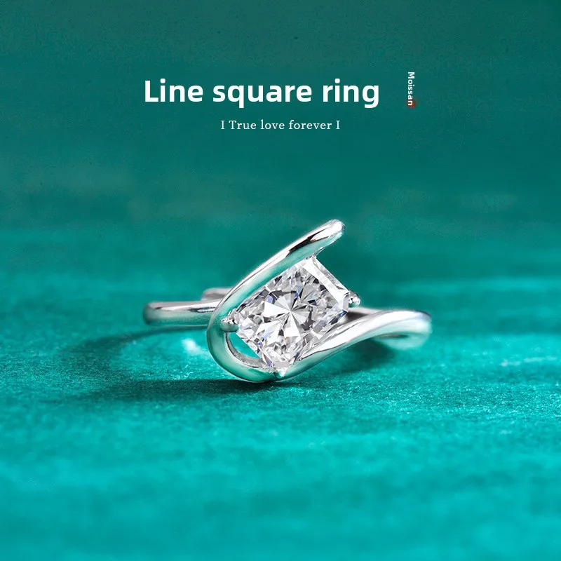 

1CT D-Color Geometric Square Moissanite Adjustable Ring, Platinum Plated S925 Sterling Silver, Exquisite Fine Jewelry for Women