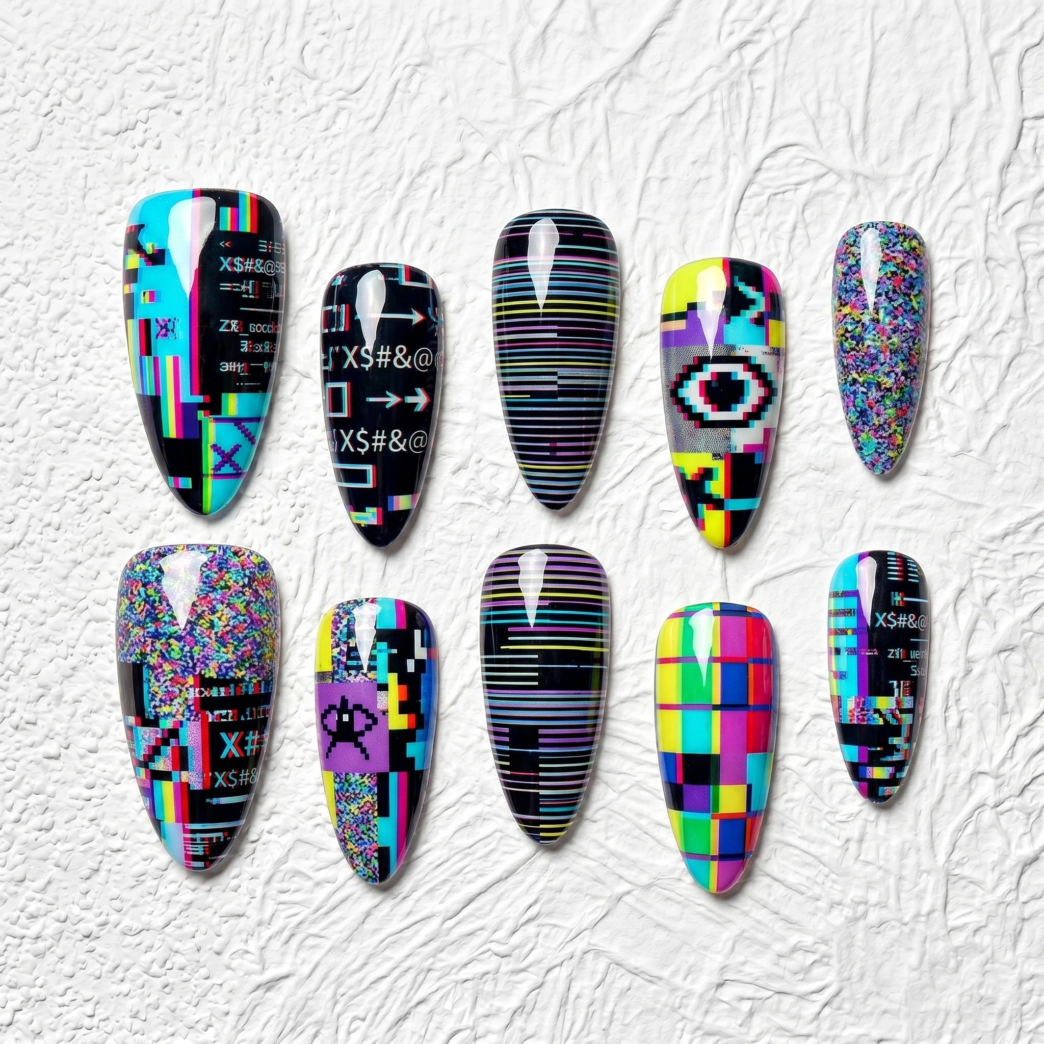 Artisan Handcrafted 10PCS Playful Digital Art Stiletto Press-On Nails | Pixel Glitch, Color Blocks, Retro VHS Party Daily Wear