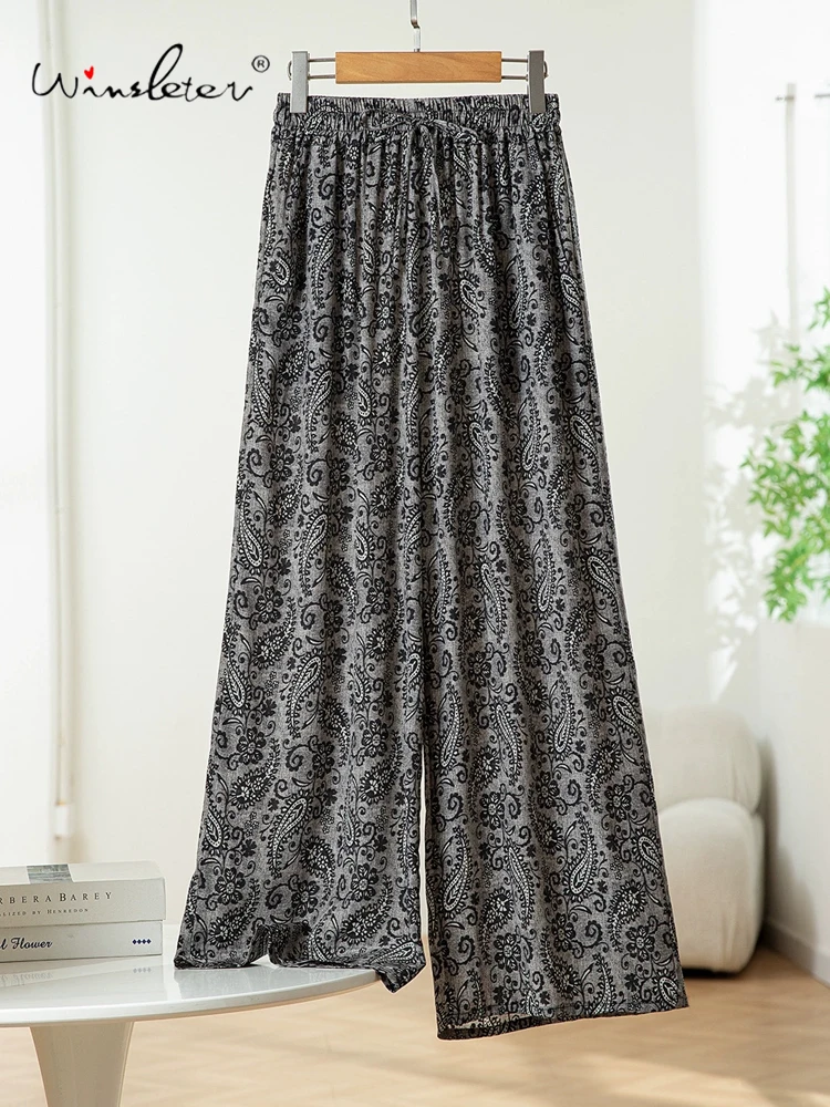 

Winsleter-Women 100%Real Silk Elegant Trousers, Elastic Waist Paisley Print, Retro Casual Wide Leg Pants, 2025 Summer B56947CC