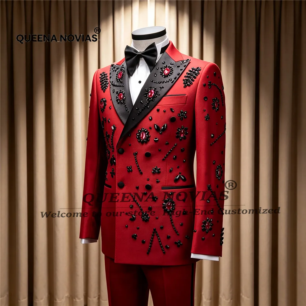 Elegant Wedding Suits For Man Black Peaked Lapel Prom Blazers Slim FIt Beaded Stones Jacket Pants 2 Pieces Sets Groom Tuxedos