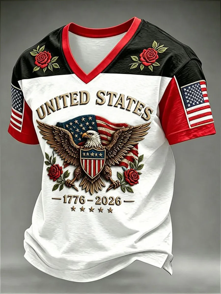 3D Printing Men's USA Flag Freedom 1776‑2026 Print T‑Shirt, Patriotic Short Sleeve Casual Holiday Top