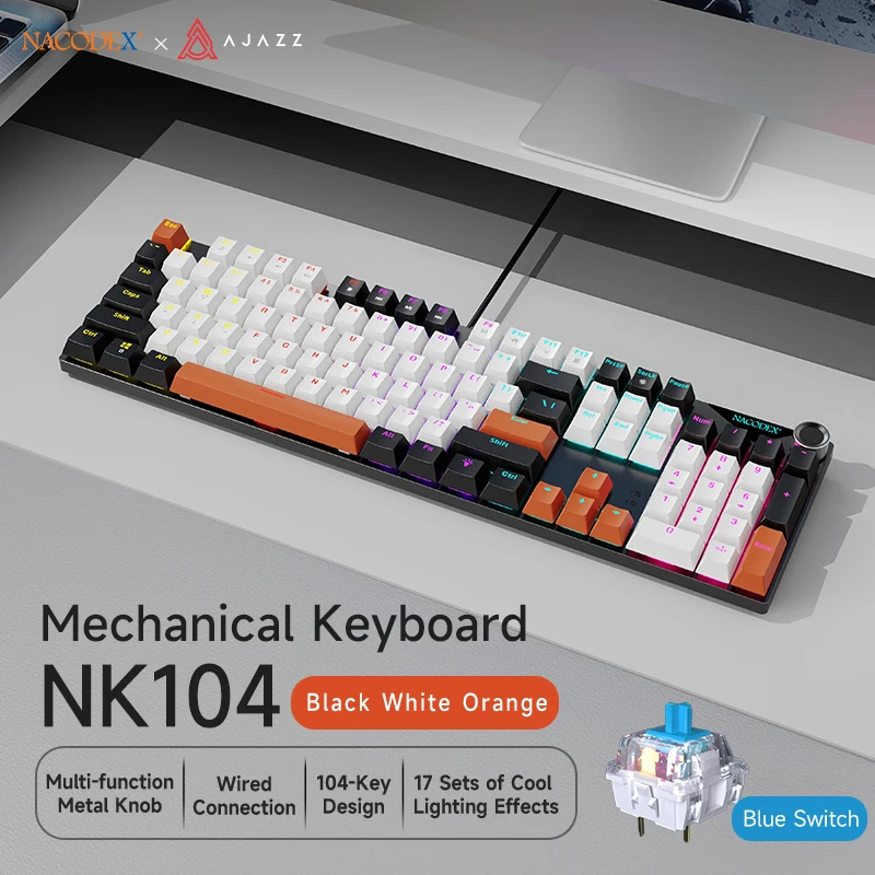 AJAZZ NK104 Hot-swappable bedraad mechanisch gamingtoetsenbord — 104 toetsen, DIY hot-swap, volumeregelaar, achtergrondverlichting, full-size