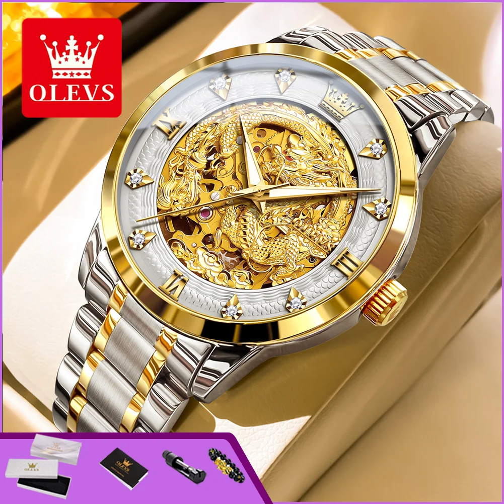 OLEVS 7027 Man Watch Luxury Hollow Dragon Watch For Men Waterproof Luminous Sapphire Mirror Automatic Mechanical Man Wristwatch