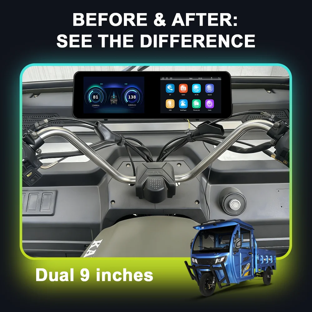 Dual Touch Screen 9 Inch Android Portable Car Radio for UTV Trike for Player with Wireless CarPlay GPS 4G/WiFi Multimedia