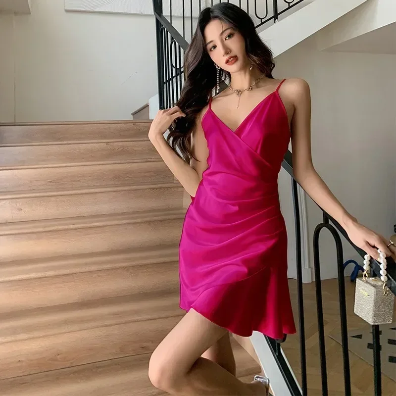 Mini abito coreano sexy in seta estivo con cinturino per spaghetti in raso Abiti Mujer senza maniche tinta unita con volant Cami Abiti da notte ssi