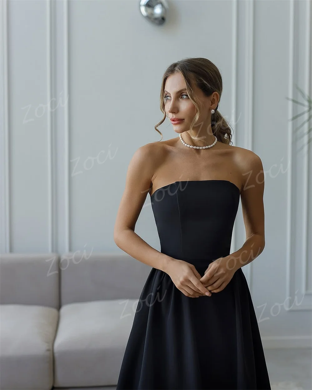 Zoci Strapless Elegant Blue Wedding Party Prom Dresses Customized Sleeveless A Line Evening Dress Ankle Occasion Party Gown