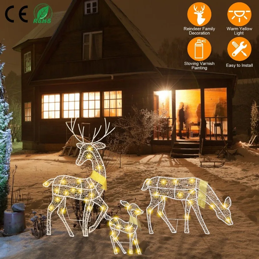 

3 Sets of Reindeer Family Lighted 2D Christmas Deer Decoration Warm Yellow Light 3 Lighting Modes Buck Doe Fawn Indoor Outdoor