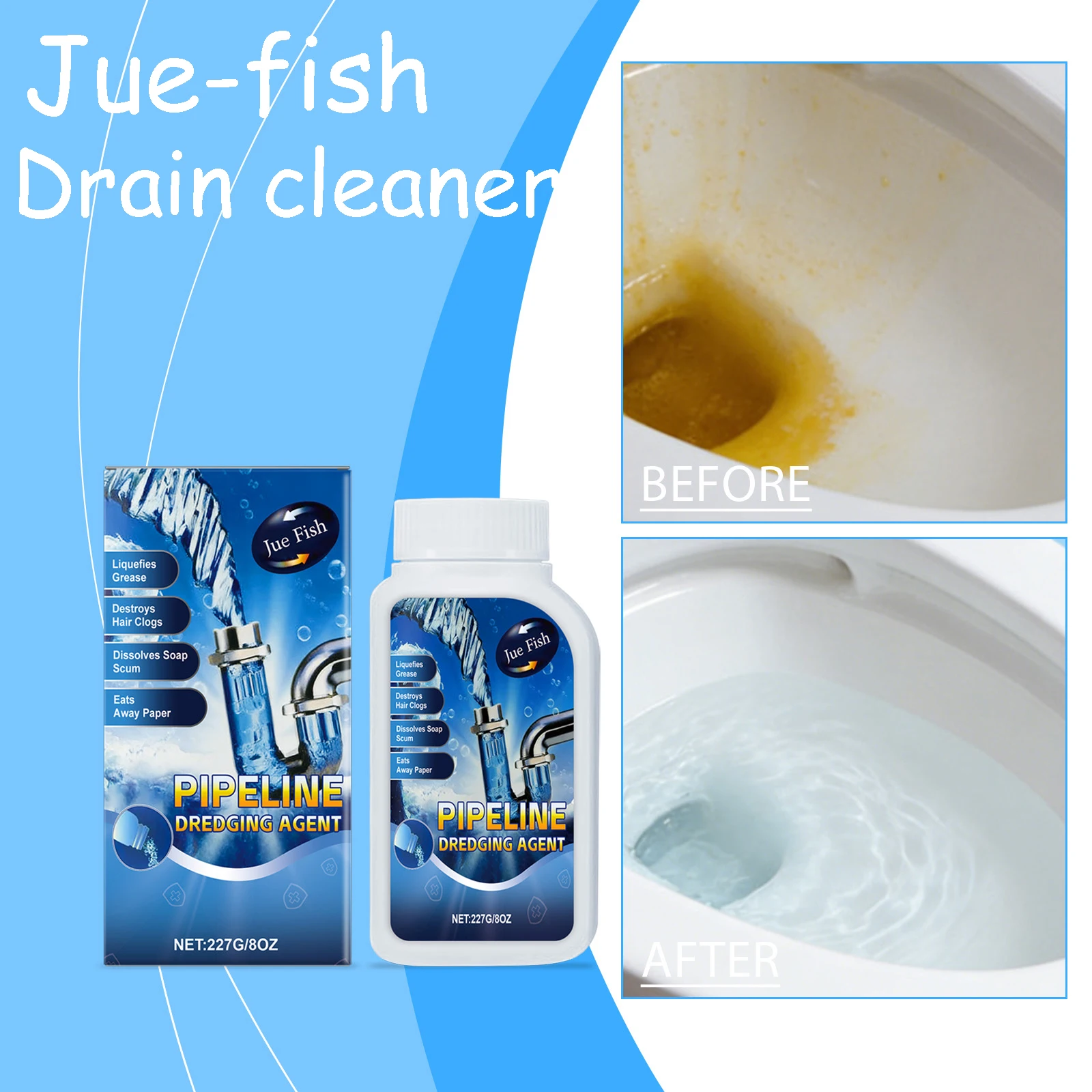 

Средство для прочистки труб Jue-fish: мощное средство для удаления засоров, эффективно растворяет жир и волосы, быстродействующий очиститель для раковин и трубопроводов.