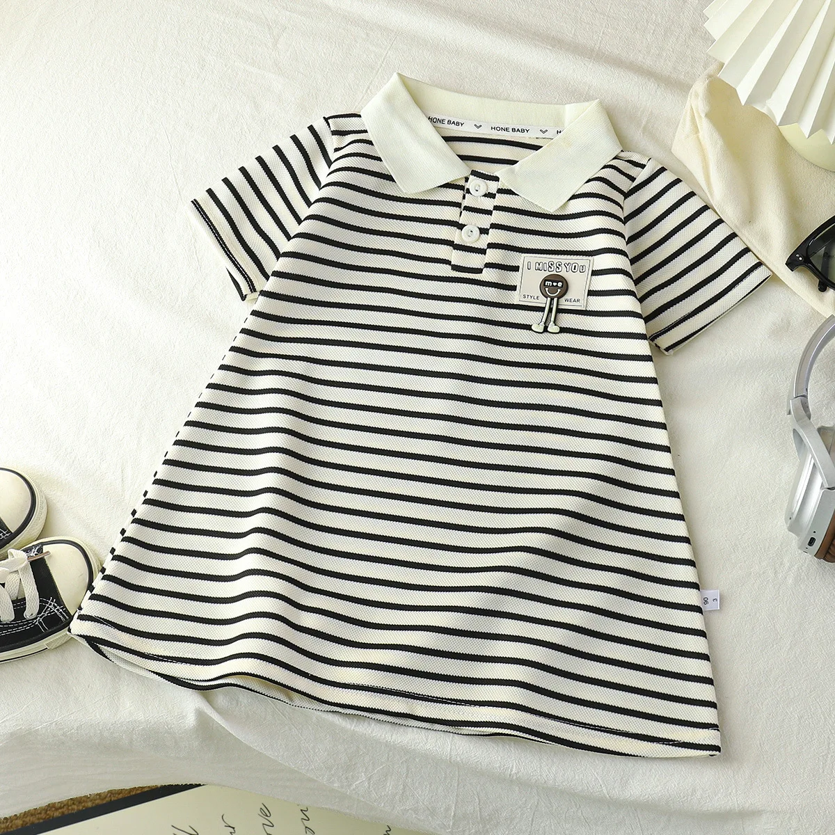 2026 Neues koreanisches Kinderkleid, Mädchen Sommer Casual Cartoon Gestreiftes Kurzarm-Prinzessinnenkleid mit Revers – Detail 8