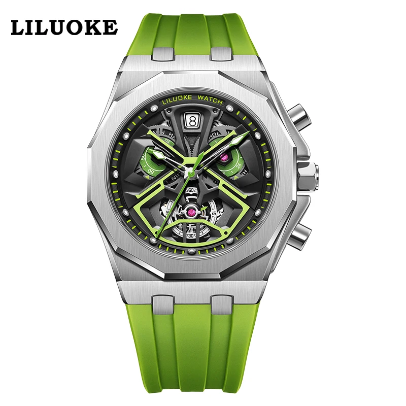 High Quality Luxury Brand Rubber Band Skeleton Dial Luminous Hands Multi Function Men Chronograph Watch