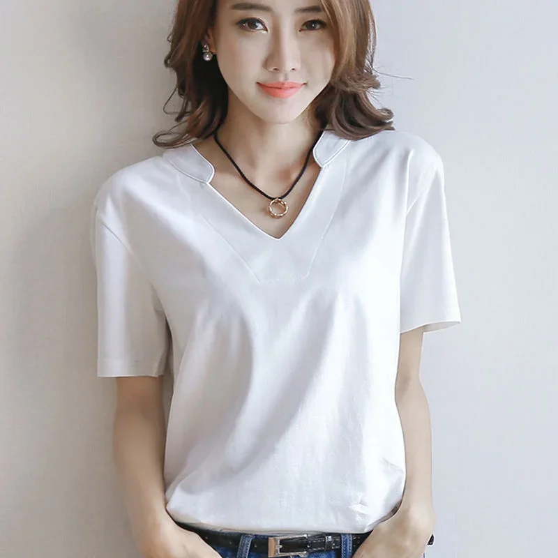 Black Polo Neck Shirts for Women White Clothing Tops Short Sleeve Tee T-shirt Woman Plain V Sale Cute Korean Style Y2k Fashion