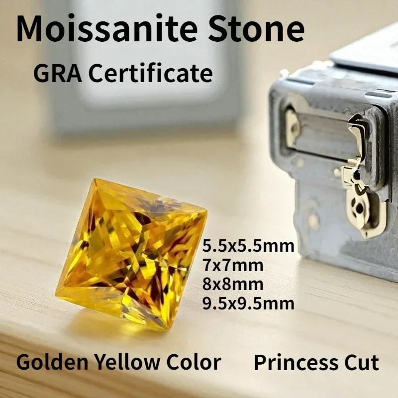 Golden Yellow Color Moissanite Stone Princess Cut Lab Grown Diamond for Advanced Jewel Making with Certificate