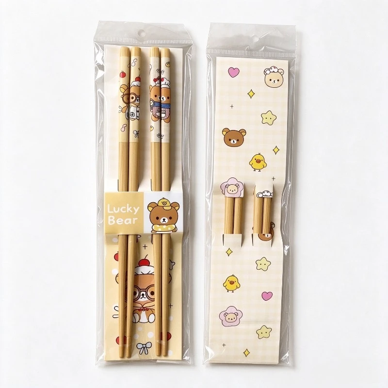 Rilakkuma Bamboo Chopstick Set Cute Cartoon Bear Chicken Pattern Reusable Chopsticks Tableware Gift