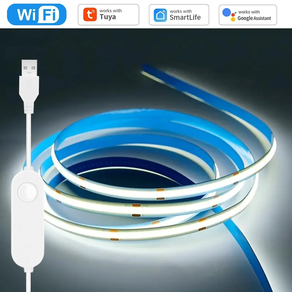 USB WiFi COB LED Strip Light 5V 1M 2M 3M 4M 5M Dimmable Flexible Cabinet Bed Room Light Tuya Smart Life APP Fr Alexa Google Home