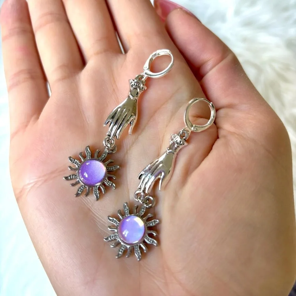 Bohemia Purple Crystal Sun Sliver Color Stainless Steel Tarot Hand Dangle Earrings for Women Halloween Party Wizard Jewelry Gift