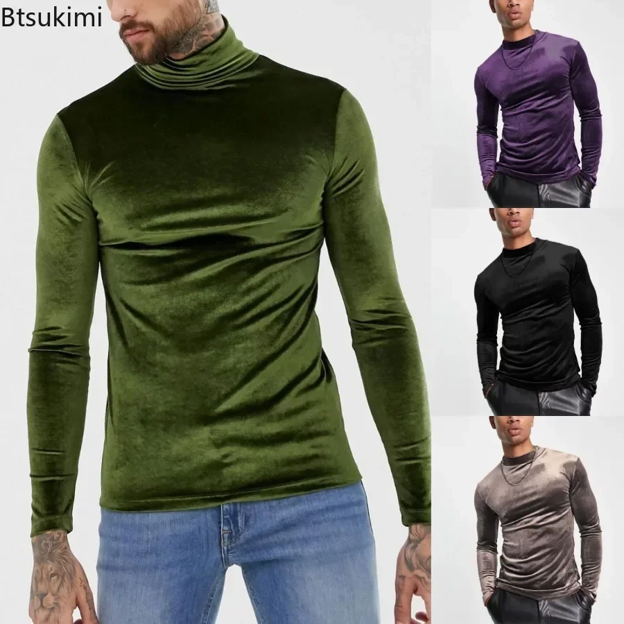 2024 Men\'s Casual Turtleneck Velvet Pullovers Tops Solid Long Sleeve T-Shirts Spring Autumn Warm T-Shirts Basic Shirts for Men