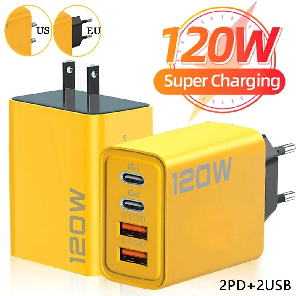 Carregador USB C 120W com 4 Portas, Carregamento Rápido para Celulares, Adaptador de Energia para iPhone, Samsung, Xiaomi, Huawei, Carregador de Parede Tipo C com Carregamento Rápido.