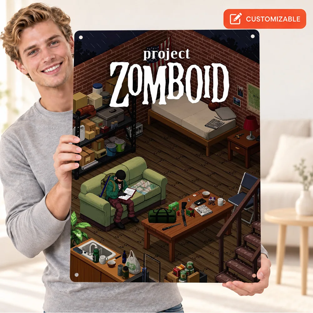 Project Zomboid Isometric Survival Scene Aluminum Poster Personalized Metal Sign Pixel Illustration Wall Art For Home Office
