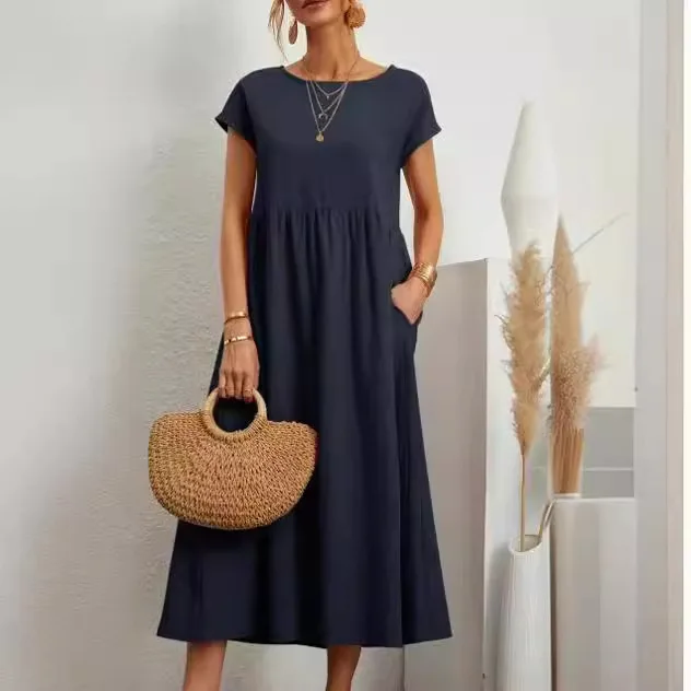 Women Vintage Solid Dress 2025 Summer Elegant O Neck Short Sleeve Cotton Linen Dresses Female Casual Loose Sundress Long Dress