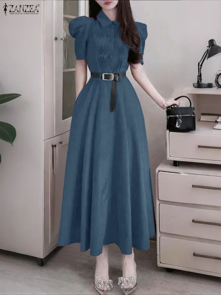 2025 ZANZEA Elegant Women Party Dresses Short Sleeve Summer Maxi Vestidos Fashion Lapel Pleated Solid Casual Loose Shirt Robe