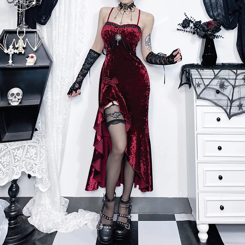 2026 New Vintage Dark Valent Hight Split Dresses Cyber Y2K Sleeveless Spaghetti Strap Bodycon Dress Elegant Women's Party Gown