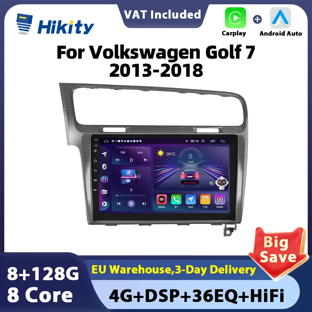 Hikity 2 din Android Car Radio for VW Volkswagen Golf 7 2013-2018 Carplay Auto Android Navigation GPS WIFI Bluetooth Mirror link