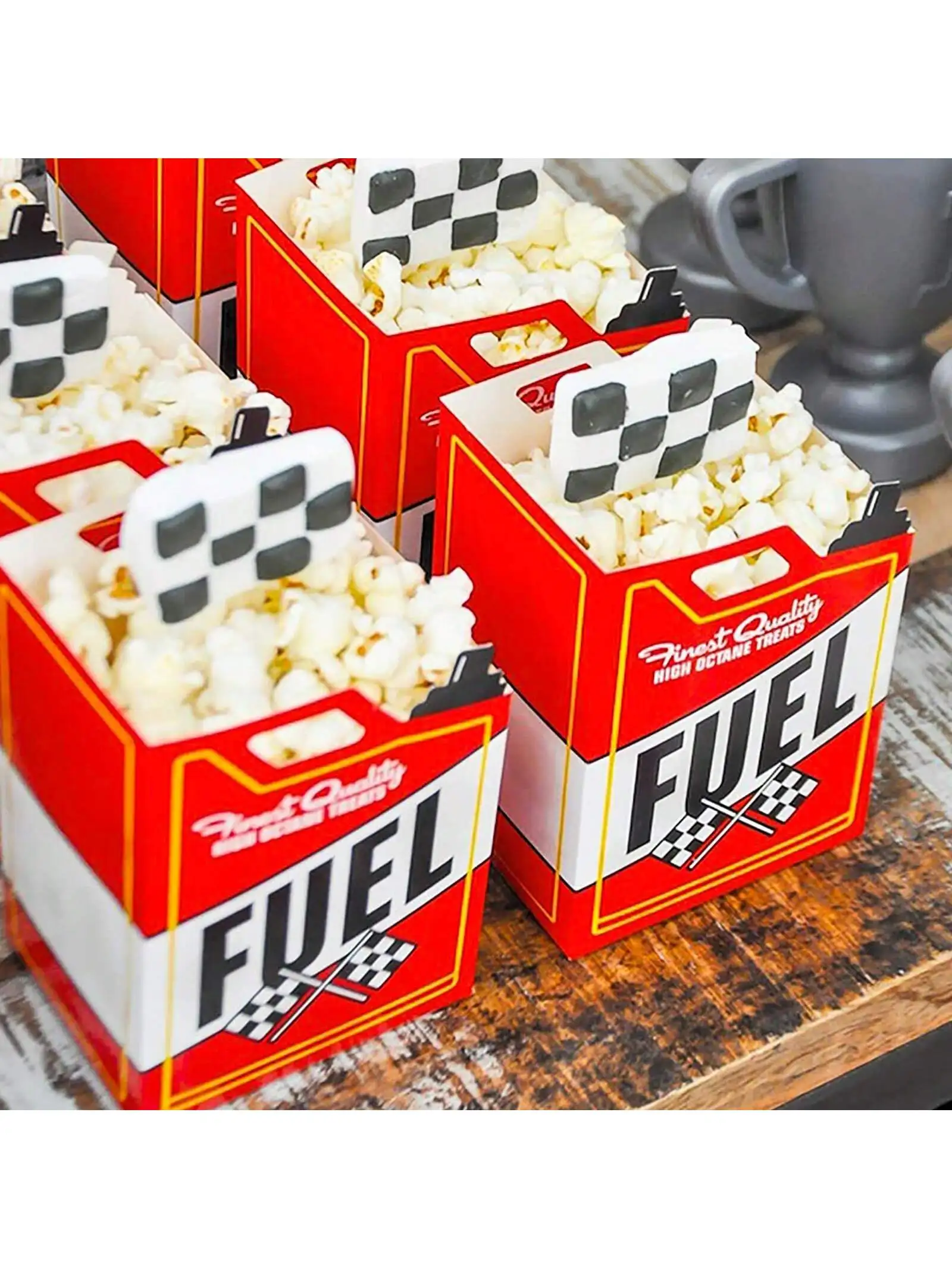 Neuheit 6/12 Stück Rennwagen-Popcorn-Leckerli-Boxen mit Flaggen, schwarz-weiße Rennflagge für Rennwagen-Thema, Geburtstagsfeier, Dekoration – Detail 3