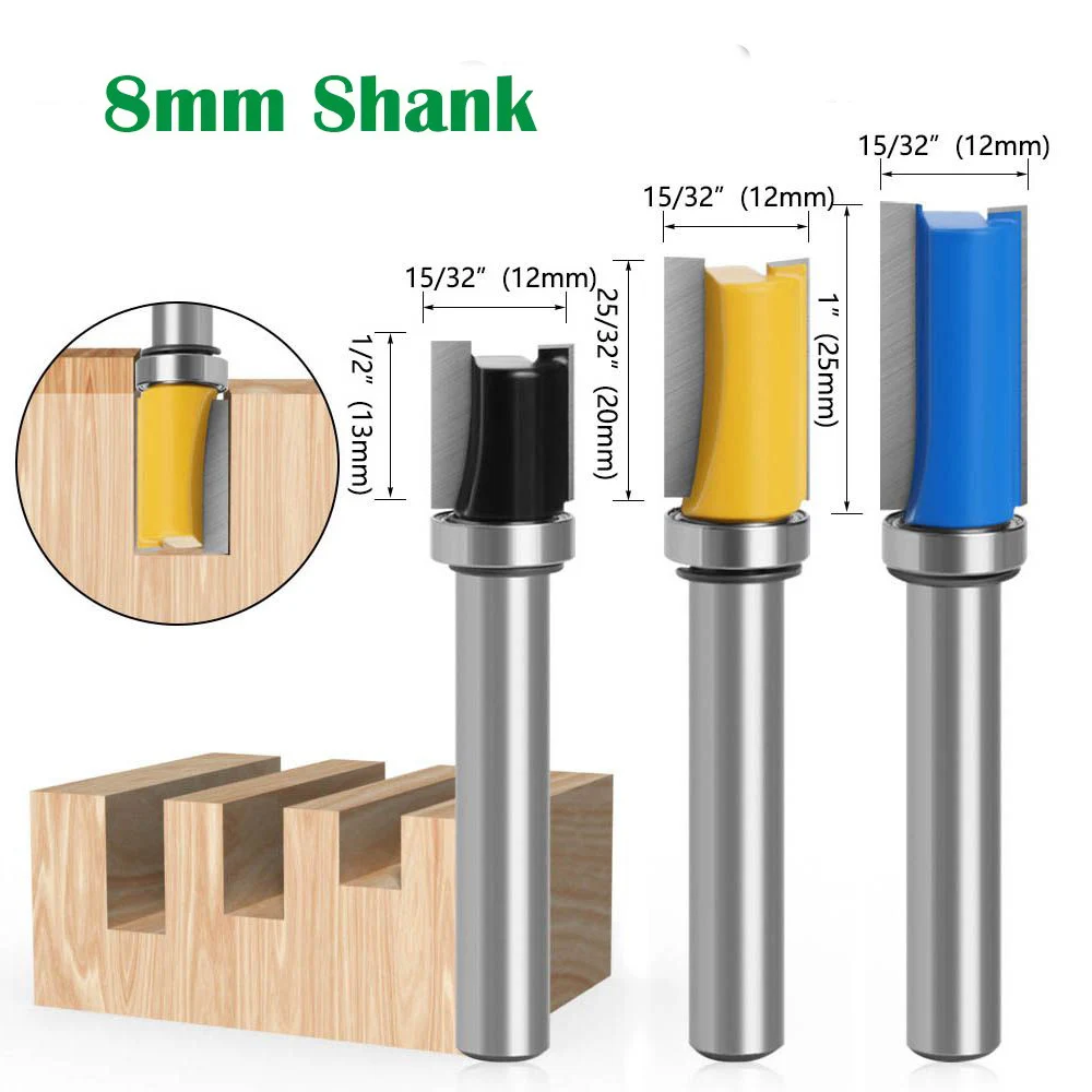 

8mm Shank Bearing-Guided Straight Router Bit - Double Flute Flush Trim & Slotting Cutter for Woodworking