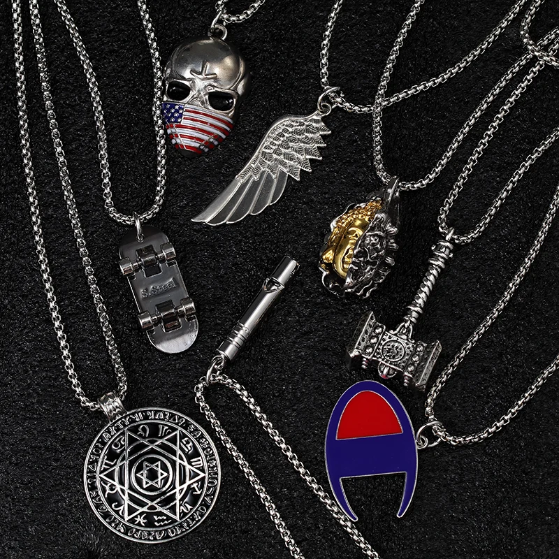 Angel Wings Necklace American Flag Pendant Fashion Charm Six pointed star Whistle Hammer Scooter Sweater Chain Jewelry For Men