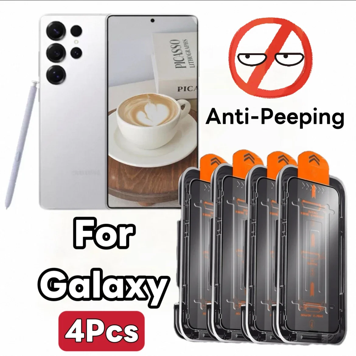 

4-piece tempered glass screen protector, privacy filter, bubble-free, compatible with Galaxy S and A Series